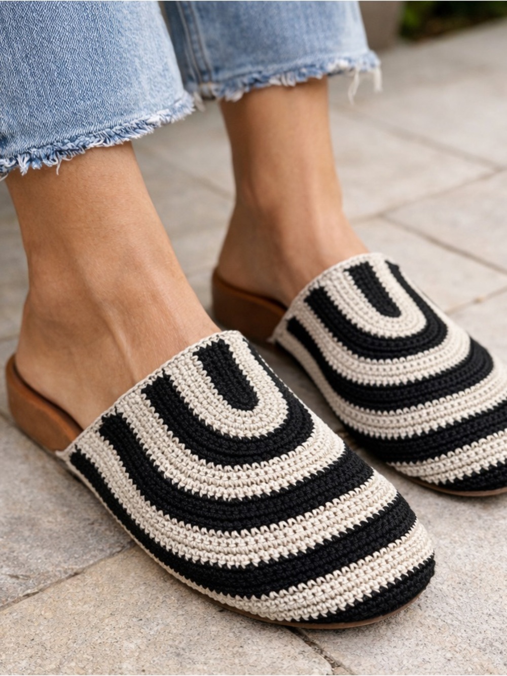 The Sak Black & Cream Striped Crochet Mules